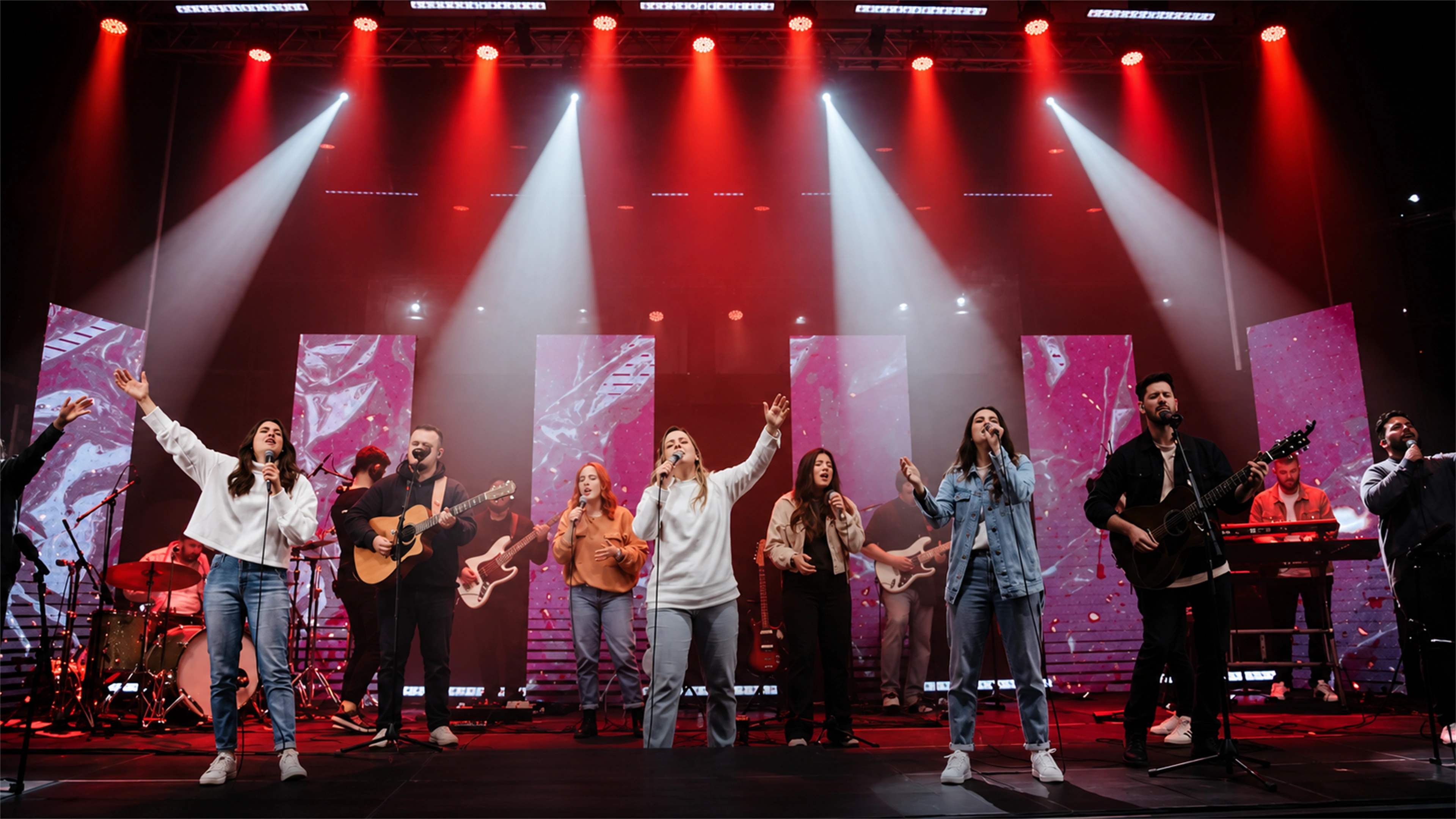 Equipe de louvor cantando no palco, com banda completa e luzes de show