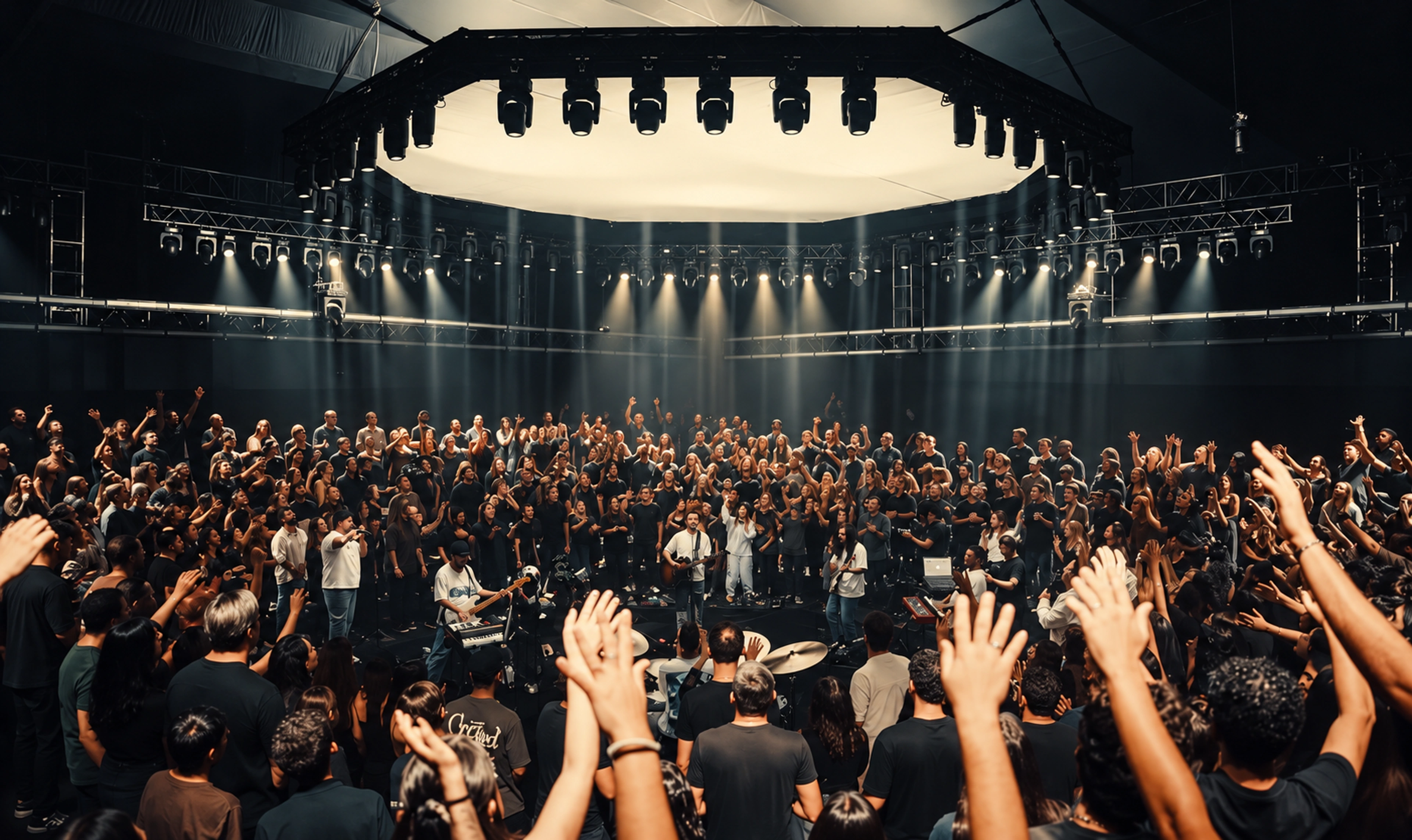 Igreja reunida em louvor, com as mãos levantadas diante da banda no palco